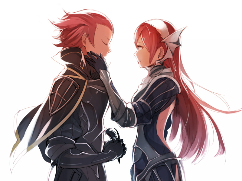 1girl armor back_cutout bare_back black_armor black_gloves breastplate cape closed_eyes crying fire_emblem fire_emblem:_kakusei gloves hairband hand_on_another's_cheek hand_on_another's_face hanokage holding jerome_(fire_emblem) long_hair mask mask_removed mother_and_son profile red_hair serge_(fire_emblem) smile tears vambraces white_background