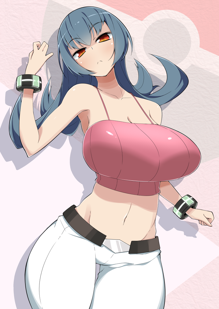 arm_up armpits bangs bare_shoulders belt blue_hair blush bracer breasts camisole cleavage clenched_hand cowboy_shot crop_top flipped_hair frown gym_leader head_tilt huge_breasts long_hair looking_at_viewer midriff natsume_(pokemon) navel pants poke_ball poke_ball_print pokemon pokemon_(game) pokemon_hgss red_eyes shadow solo standing thick_thighs thigh_gap thighs toudori