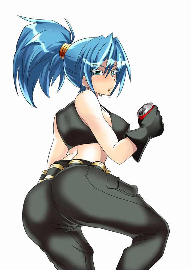 ass back belt black_gloves blue_eyes blue_hair blush breasts can crop_top earrings explosive from_behind gloves grenade jewelry large_breasts leona_heidern long_hair looking_back nightmare-doom pants ponytail soda_can solo strap_gap tank_top the_king_of_fighters