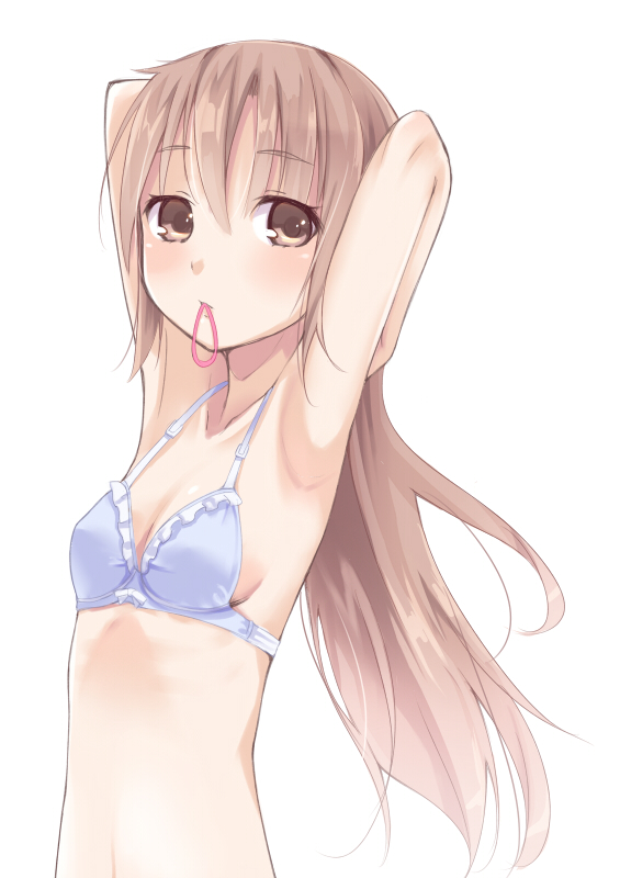 adjusting_hair armpits bad_id bad_pixiv_id blue_bra blush bra breasts brown_eyes brown_hair frilled_bra frills kyuri long_hair mouth_hold no_shirt original simple_background small_breasts solo underwear underwear_only white_background