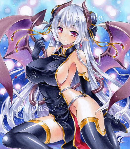at_classics blush boots braid breasts bun_cover covered_nipples demon_girl demon_horns demon_tail demon_wings double_bun earrings elbow_gloves gloves hair_over_shoulder horns jewelry large_breasts long_hair marker_(medium) no_bra no_panties original pointy_ears purple_eyes ribbon sample side_braid sideboob silver_hair smile solo tail thigh_boots thighhighs traditional_media twin_braids very_long_hair wings