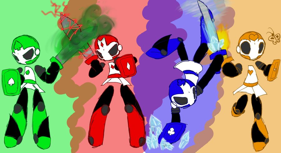 &#9824; &#9827; &#9830; &lt;3 armor arthropod butterfly castle_crashers crystals electricity female fire greaves group handstand helmet insect shield soldier standing sword team unknown_artist upside_down walking weapon white_dress