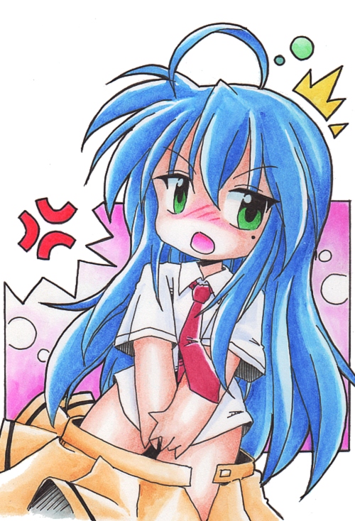 1girl blue_hair blush female izumi_konata lucky_star necktie norio_(459factory) open_mouth skirt solo