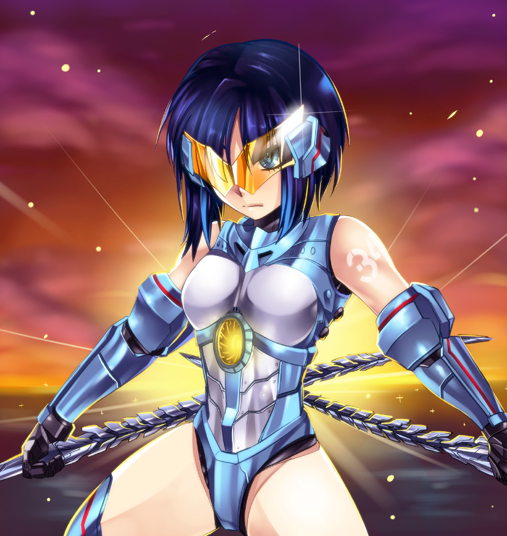 armor bare_shoulders blue_eyes blue_hair dos_(james30226) dual_wielding gipsy_danger holding leotard mecha_musume pacific_rim personification serious short_hair solo sunset sword tattoo visor weapon