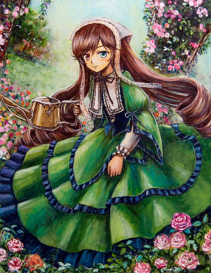 arm_ribbon bangs blush bonnet bow brown_hair capelet corset curly_hair doll dress drill_hair flat_chest flower frills garden gothic_lolita grass green_dress green_eyes hairband hat head_scarf headdress heterochromia holding juliet_sleeves lace leaf light_smile lolita_fashion long_hair long_sleeves looking_at_viewer oil_painting_(medium) outdoors pink_flower pink_rose puffy_long_sleeves puffy_sleeves red_eyes red_flower red_rose ribbon rose rozen_maiden short_over_long_sleeves short_sleeves solo standing suiseiseki tafuto traditional_media tree twin_drills twintails very_long_hair watering_can wide_sleeves