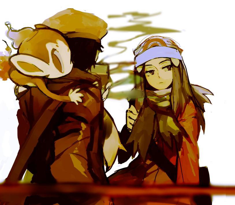 1girl animal animal_on_shoulder back bag beanie black_eyes black_hair blurry brown_hat chimchar closed_mouth coat cup depth_of_field drink fiery_tail fire frown gen_4_pokemon hair_ornament hairclip hat hikari_(pokemon) holding holding_cup hot_drink kouki_(pokemon) lechuza long_hair long_sleeves looking_at_viewer looking_away pokemon pokemon_(creature) pokemon_(game) pokemon_dppt pokemon_platinum railing scarf shoulder_bag sideways_glance simple_background steam tail white_background white_hat winter_clothes