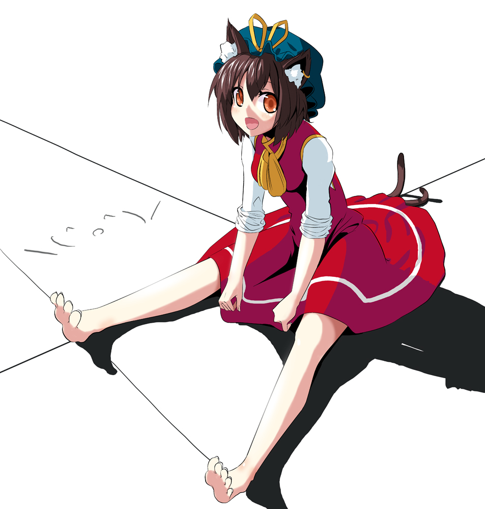 \(^o^)/ animal_ears barefoot brown_hair cat_ears cat_tail chen feet full_body hat looking_at_viewer multiple_tails orange_eyes satou_samu short_hair simple_background sitting sleeves_pushed_up smile solo tail toes touhou white_background