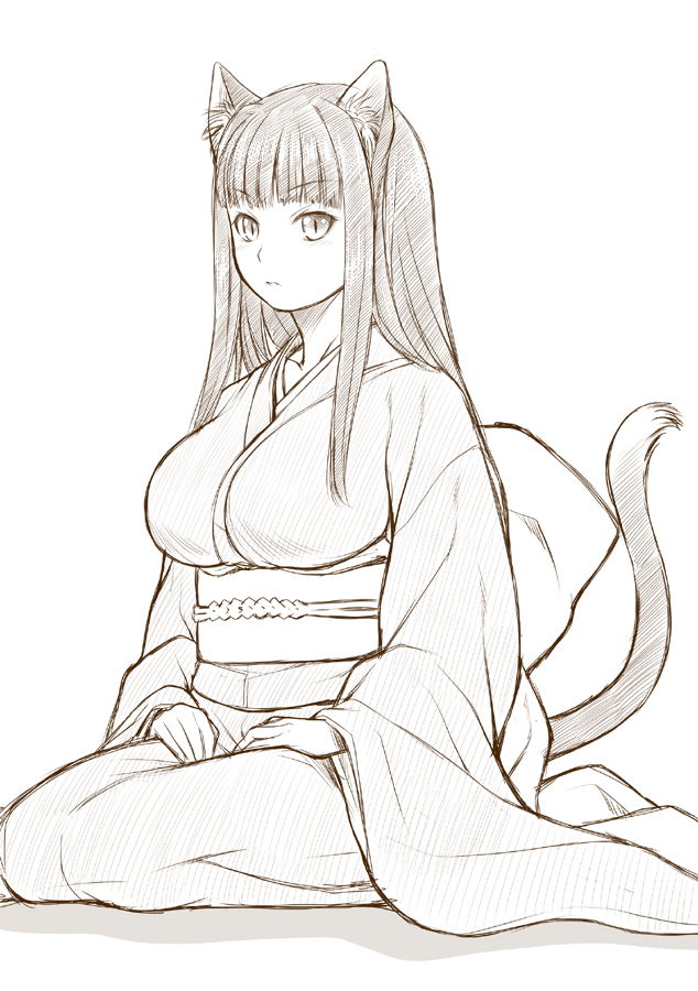 animal_ears breasts cat_ears cat_tail huge_breasts japanese_clothes kimono kouda_tomohiro long_hair monochrome original seiza simple_background sitting slit_pupils solo tail white_background