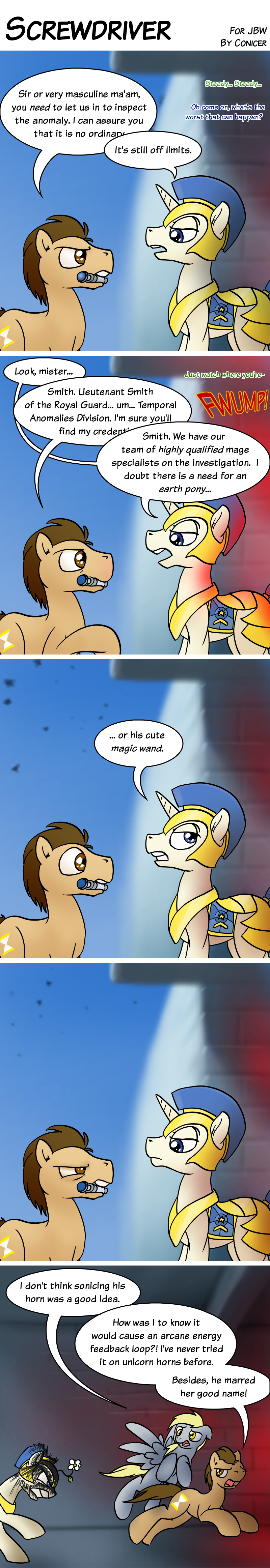 amber_eyes angry armor blonde_hair blue_eyes brown_fur brown_hair comic conicer cutie_mark derpy_hooves_(mlp) dialog doctor_whooves_(mlp) english_text equine female feral flower friendship_is_magic fur grey_fur hair helmet horn horse long_hair male mammal my_little_pony open_mouth pegasus pony royal_guard_(mlp) sonic_screwdriver standing teeth text tongue unicorn white_fur wings yellow_eyes