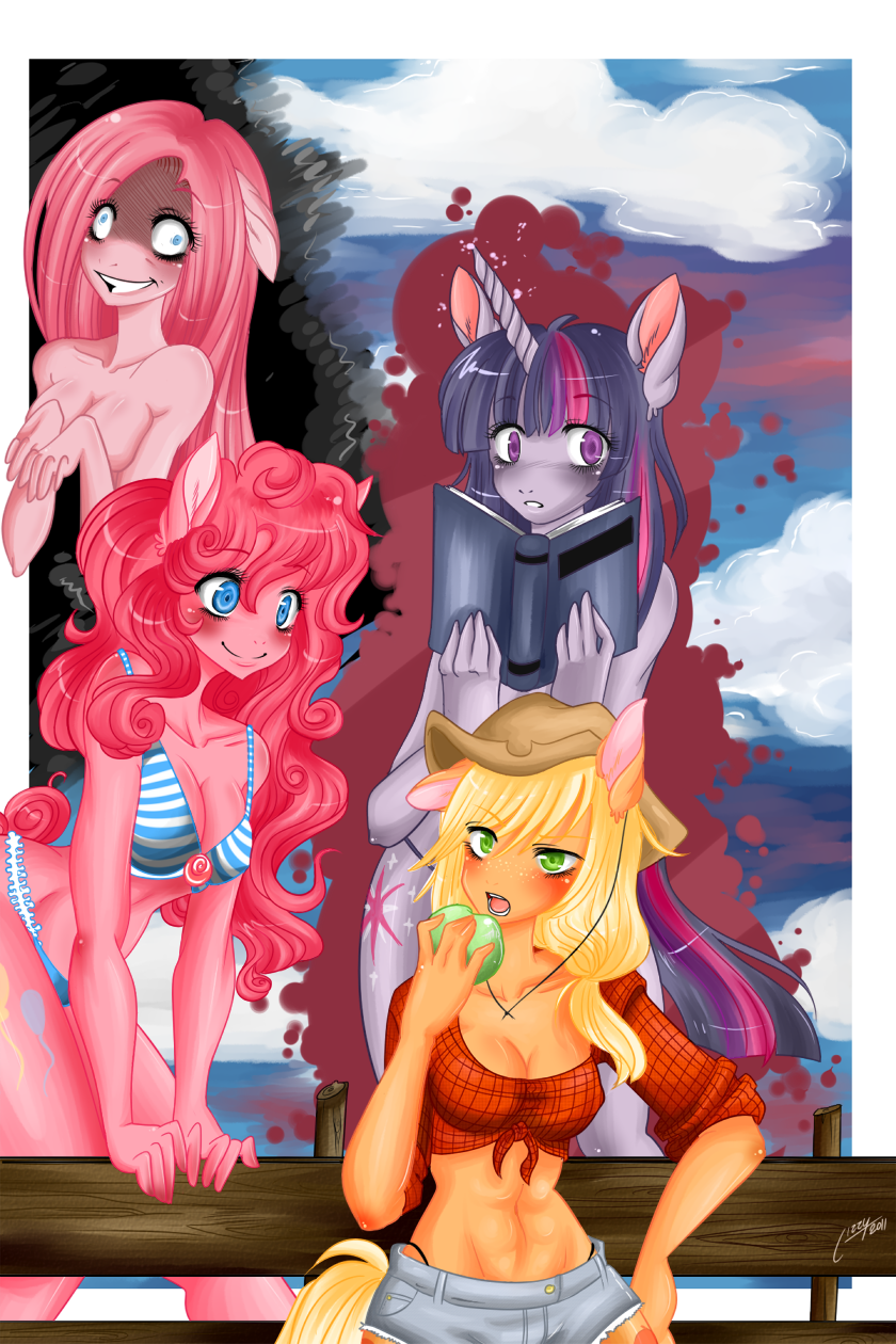 anthrofied appleack applejack_(mlp) breasts clothed clothing cupcakes_(mlp_fanfic) equine female friendship_is_magic grin group horn horse insane mammal my_little_pony pinkamena_(mlp) pinkie_pie_(mlp) pony rishi-chan twilight_sparkle_(mlp) uhoh unicorn