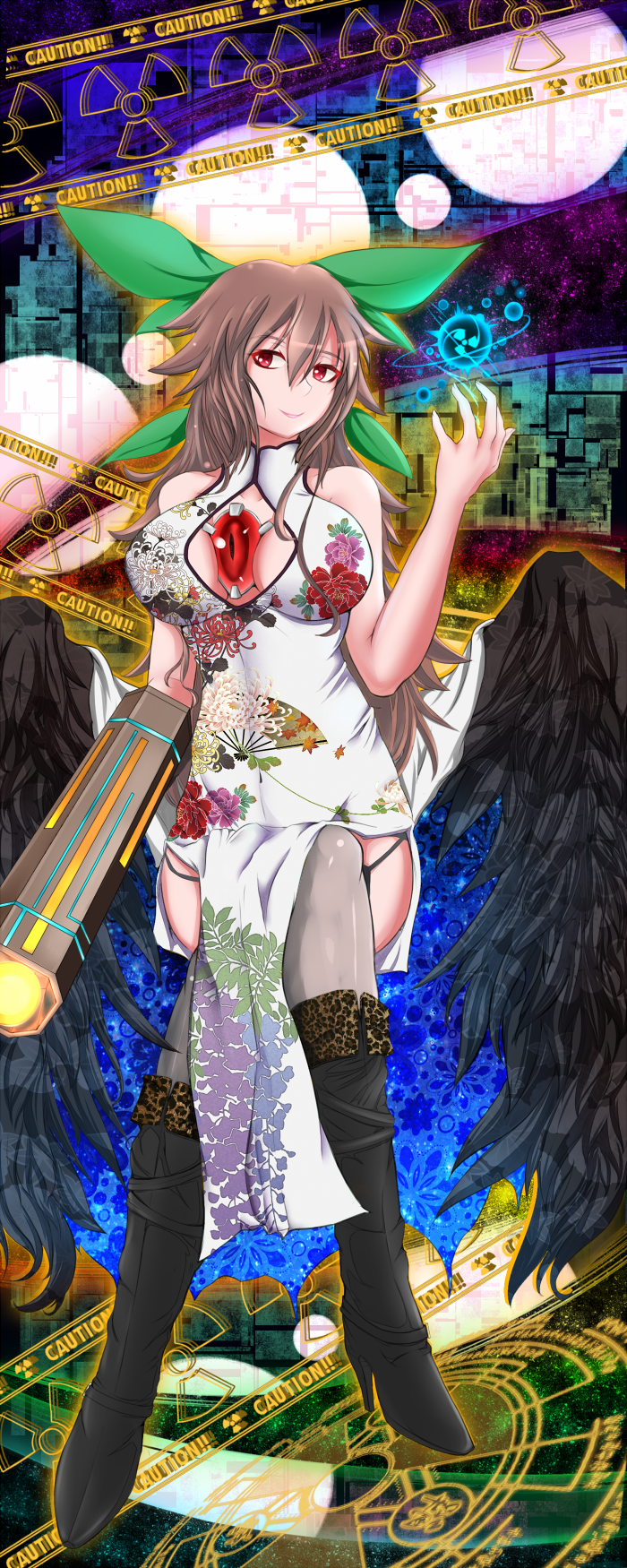 alternate_weapon arm_cannon bad_id bad_pixiv_id bare_shoulders bird_wings black_wings boots breasts brown_hair cape caution china_dress chinese_clothes cleavage_cutout dress energy_ball floral_print high_heels highres large_breasts long_hair magic_circle panties radiation_symbol red_eyes reiuji_utsuho saketanuki side_slit smile solo thighhighs third_eye touhou underwear weapon wings