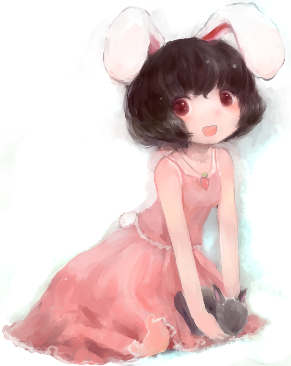 animal_ears bad_id bad_pixiv_id bare_arms bare_shoulders black_hair bunny bunny_ears bunny_tail carrot carrot_necklace dress highres inaba_tewi jewelry looking_at_viewer maccha_cocoa_(mococo) necklace open_mouth pendant pink_dress red_eyes short_hair sitting sleeveless sleeveless_dress smile solo tail touhou
