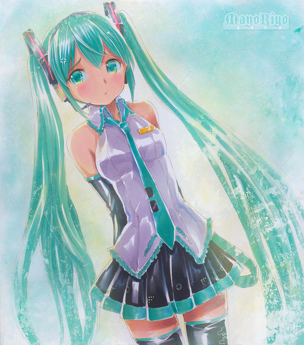 anger_vein arms_behind_back artist_name blush detached_sleeves green_eyes green_hair hatsune_miku headset long_hair mayo_riyo necktie skirt solo thighhighs traditional_media twintails very_long_hair vocaloid