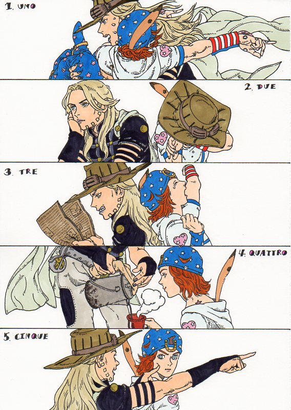 arm_warmers armband bad_id bad_pixiv_id ball beanie beard blonde_hair blue_eyes boots bridal_gauntlets brown_hair cape carrying chaps chin_rest clenched_teeth coffee comic cowboy_boots crying cup eye_contact facial_hair feathers green_eyes gyro_zeppeli hat heart hood hoodie horseshoe italian johnny_joestar jojo_no_kimyou_na_bouken kettle le-phare lipstick long_hair looking_at_another makeup mug multiple_boys nail_polish newspaper pointing poking pouring princess_carry reading short_sleeves star star_print steam steel_ball_run teeth yawning