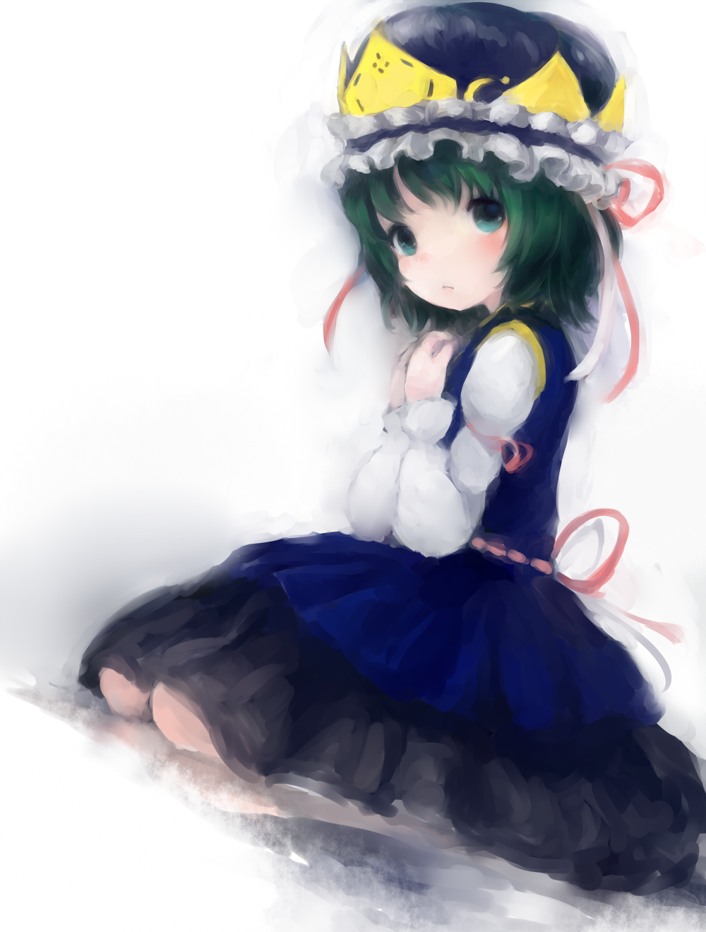 aqua_eyes arm_ribbon bad_id bad_pixiv_id blush green_hair hands_on_own_chest hat hat_ribbon highres juliet_sleeves long_sleeves looking_at_viewer maccha_cocoa_(mococo) puffy_sleeves ribbon sash shiki_eiki shirt sitting skirt solo touhou vest