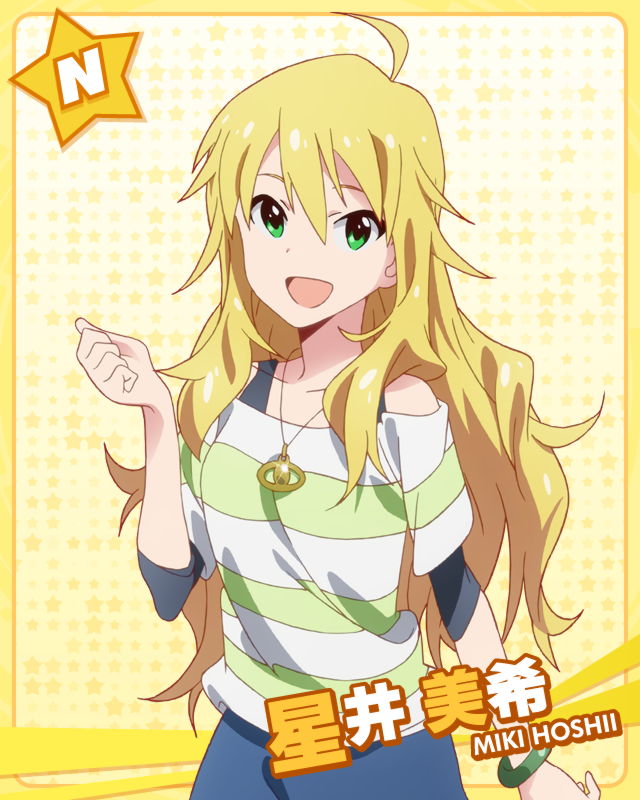 :d ahoge artist_request blonde_hair bracelet character_name green_eyes hoshii_miki idolmaster idolmaster_(classic) idolmaster_million_live! jewelry long_hair looking_at_viewer necklace official_art open_mouth smile