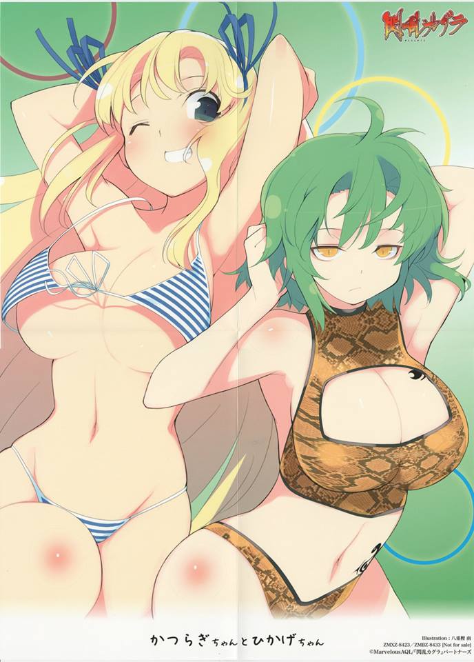 bikini blonde_hair breasts cleavage cleavage_cutout contrapposto green_eyes green_hair hair_ornament hair_ribbon hikage_(senran_kagura) katsuragi_(senran_kagura) large_breasts long_hair multiple_girls official_art one_eye_closed ribbon sample scan senran_kagura short_hair smile standing swimsuit tattoo yaegashi_nan yellow_eyes