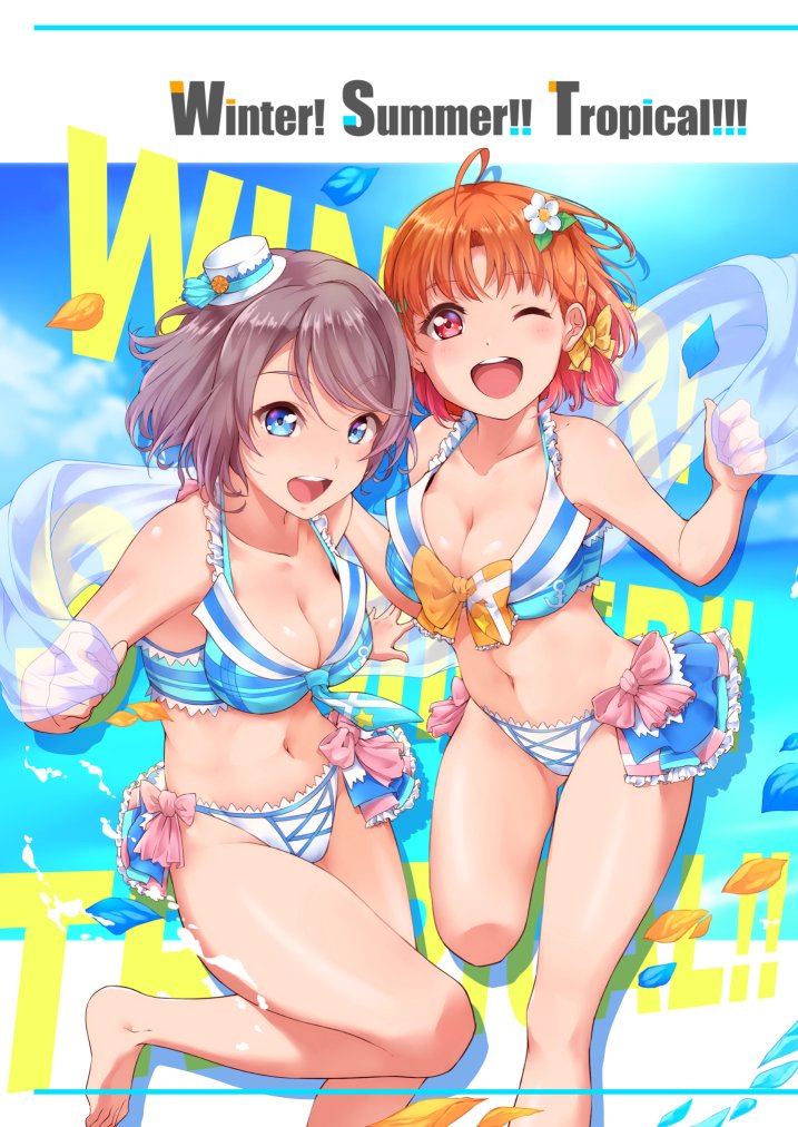 2girls adapted_costume ahoge barefoot bikini blue_bikini blue_eyes blue_sky braid breasts cleavage cloud clover_hair_ornament collarbone commentary_request cowboy_shot feet_out_of_frame front-tie_top grey_hair hair_ornament hat holding_cloth kanabun looking_at_viewer love_live! love_live!_sunshine!! medium_breasts mini_hat mini_top_hat multiple_girls navel one_eye_closed open_mouth orange_hair red_eyes ribbon short_hair side_braid sky smile striped striped_bikini swimsuit takami_chika top_hat upper_teeth watanabe_you wavy_hair yellow_ribbon