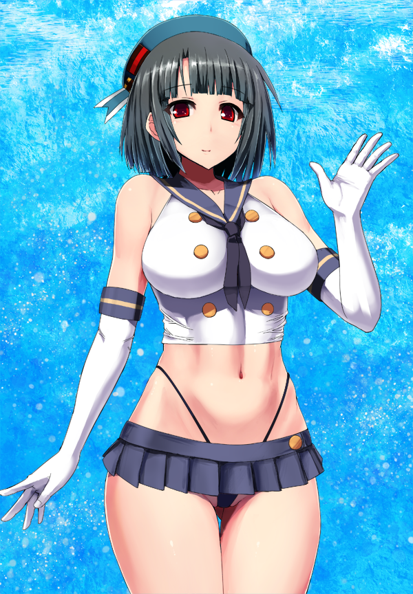 bare_shoulders black_hair black_panties blush breasts cosplay crop_top elbow_gloves g-string gloves hat highleg highleg_panties ishimiso_(ishimura) kantai_collection large_breasts looking_at_viewer microskirt midriff navel panties pleated_skirt red_eyes sailor_collar shimakaze_(kantai_collection) shimakaze_(kantai_collection)_(cosplay) shirt short_hair skirt smile solo takao_(kantai_collection) taut_clothes taut_shirt thong underwear white_gloves