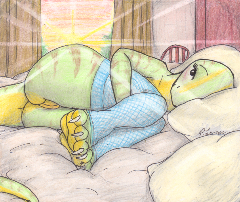 bed claws dinosaur female green_skin hindpaw leg_warmer legwear looking_at_viewer lying nude paul_lucas paws pussy raptor scalie solo stripes sunlight yellow_skin