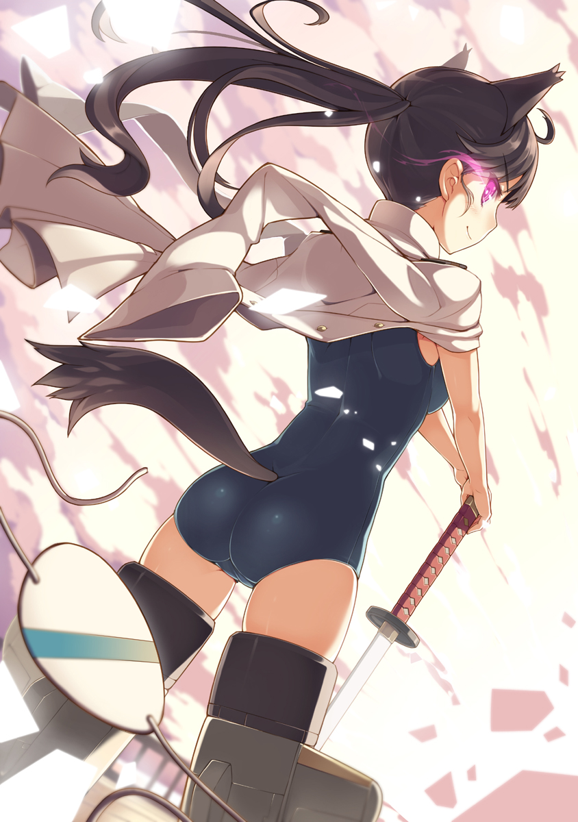 animal_ears black_hair blush extra_ears eyepatch highres long_hair one-piece_swimsuit ponytail sakamoto_mio school_swimsuit strike_witches swimsuit sword tail tail_through_clothes tel-o weapon world_witches_series