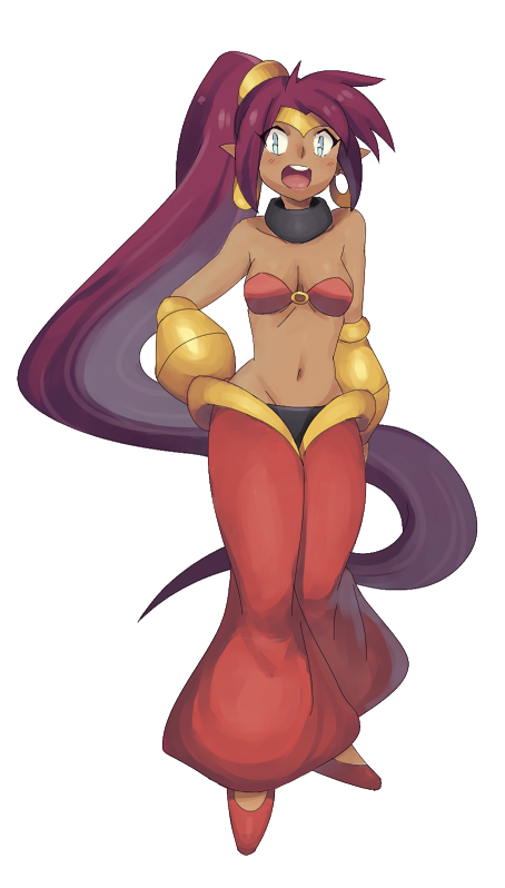 arabian_clothes bad_id bad_pixiv_id baggy_pants bandeau bare_shoulders blue_eyes breasts choker cleavage dark_skin earrings harem_pants hoop_earrings jewelry long_hair medium_breasts midriff navel numbers_(boars) open_mouth pants pointy_ears ponytail purple_hair shantae:_half-genie_hero shantae_(character) shantae_(series) solo tiara very_long_hair