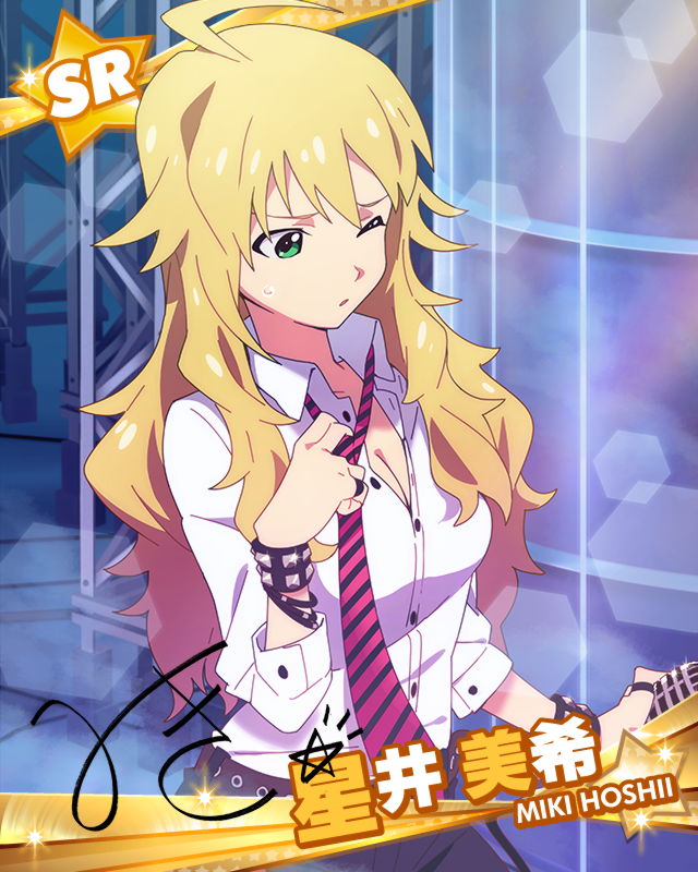 ahoge artist_request blonde_hair bracelet breasts character_name character_signature cleavage green_eyes hoshii_miki idolmaster idolmaster_(classic) idolmaster_million_live! jewelry long_hair medium_breasts necktie official_art