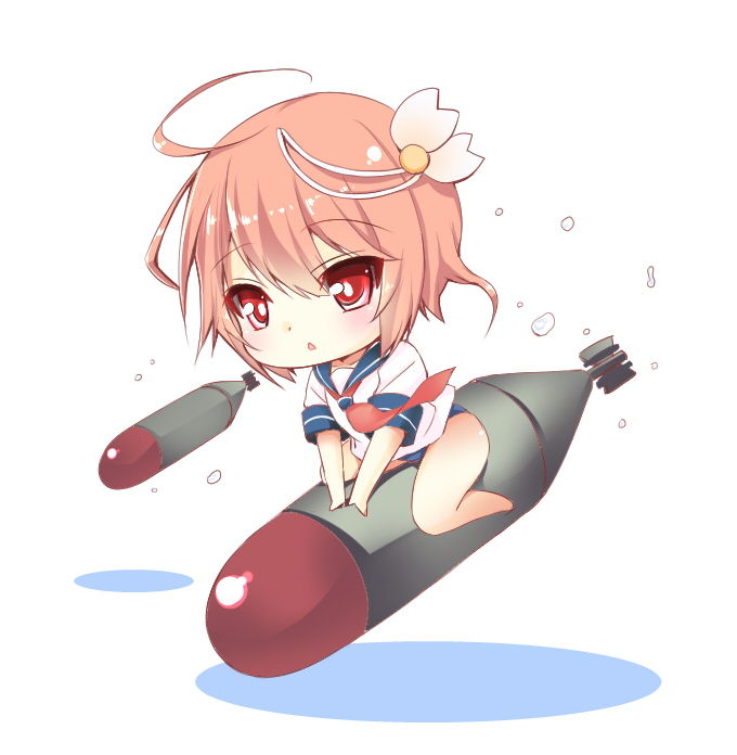 ahoge blush brown_hair chibi flower hair_flower hair_ornament i-58_(kantai_collection) kantai_collection open_mouth red_eyes school_swimsuit school_uniform serafuku short_hair solo swimsuit swimsuit_under_clothes torpedo yuncha