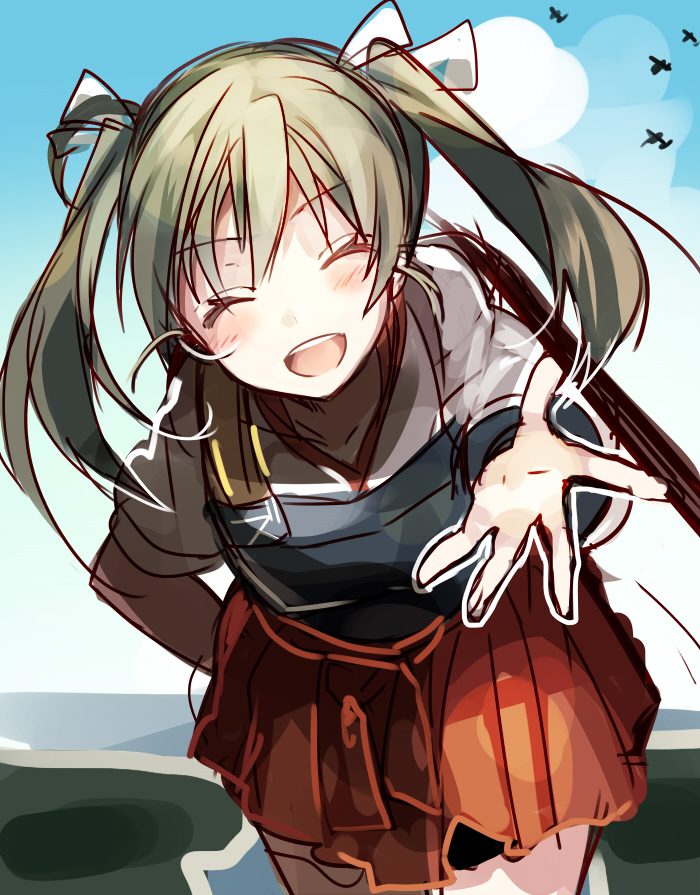 :d ^_^ closed_eyes facing_viewer hair_ribbon hand_on_hip kantai_collection muneate nochita_shin open_mouth outstretched_hand ribbon skirt smile solo twintails zuikaku_(kantai_collection)