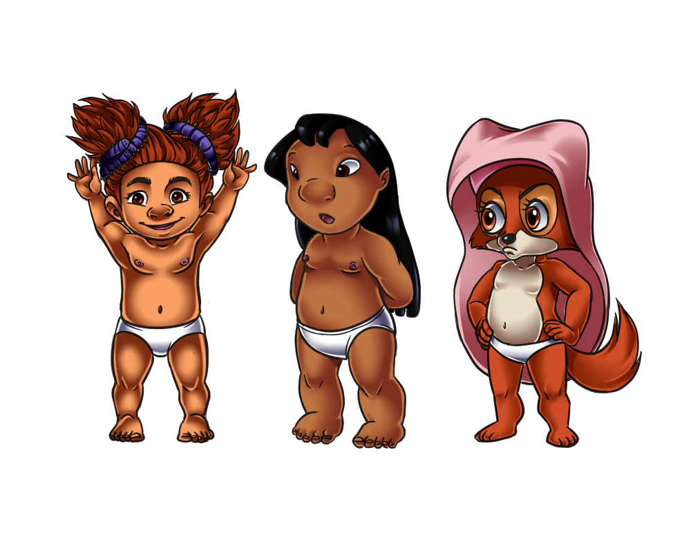 cub disney dreamworks female fox frown hands_on_hips human lilo lilo_and_stitch maid_marian mammal panties pigtails plain_background pouting robin_hood robin_hood_(disney) sandy-crood sandy_crood the_croods topless underwear white_background white_panties young