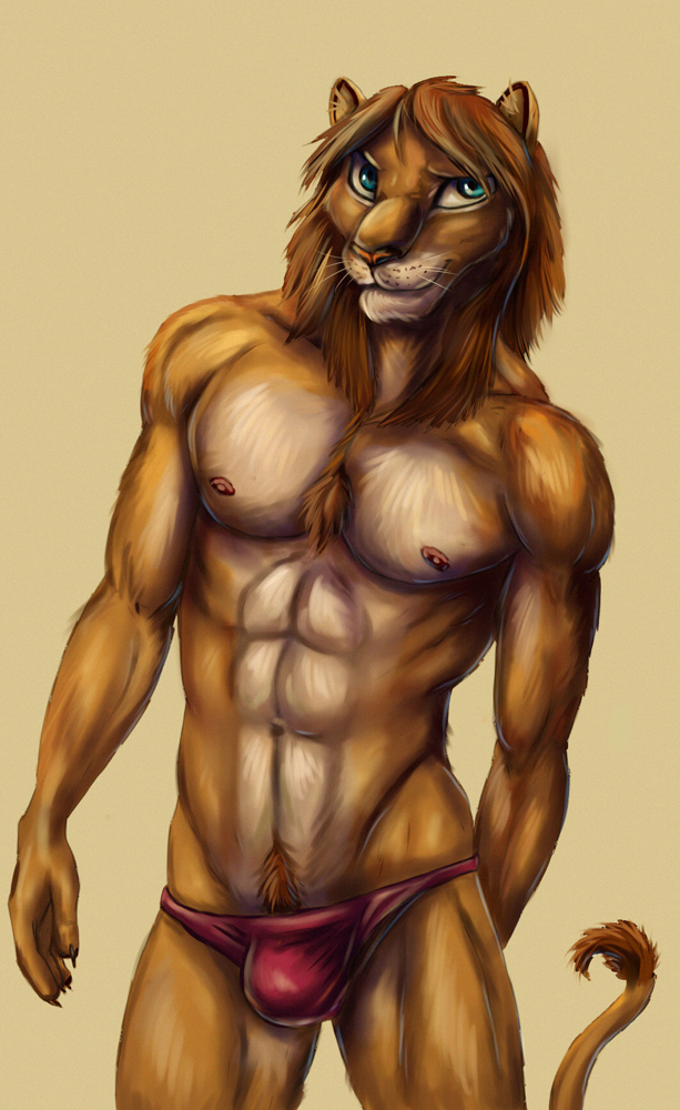 bleakcat body_hair brown_hair bulge chest_tuft claws clothing cyan_eyes feline fur hair happy_trail lion male mammal mane navel nipples plain_background simple_background solo standing tan_fur topless tuft underwear whiskers yellow_background