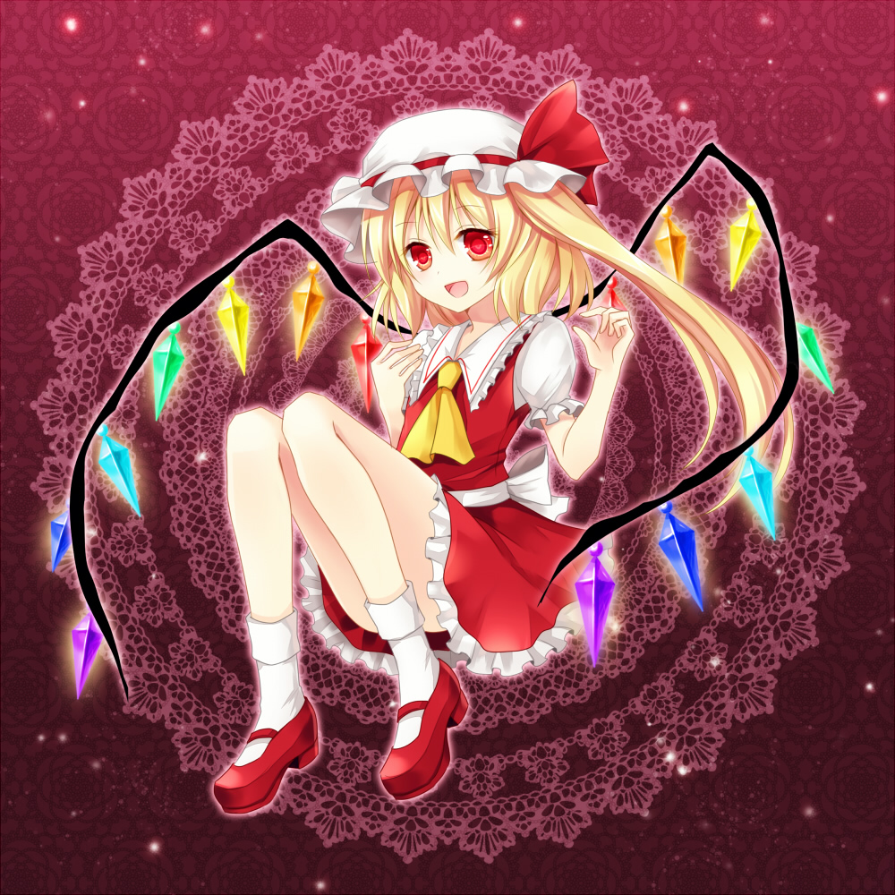 ascot bad_id bad_pixiv_id blonde_hair chisa doily flandre_scarlet floral_background full_body gradient gradient_background hat hat_ribbon knees_up looking_at_viewer mary_janes mob_cap open_mouth red_background red_eyes ribbon shoes short_hair short_sleeves side_ponytail skirt skirt_set socks solo touhou wings