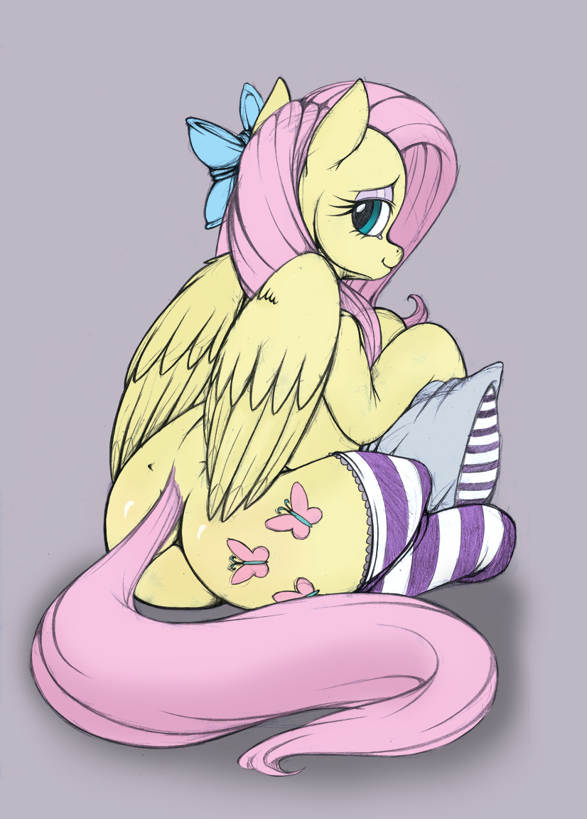 butt equine female feral fluttershy_(mlp) friendship_is_magic horse longinius longinius-ii looking_back mammal my_little_pony pegasus pillow plain_background pony sitting socks solo wings