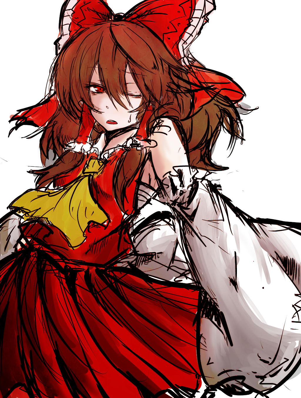ascot bad_id bad_pixiv_id bags_under_eyes bare_shoulders bow brown_hair detached_sleeves hair_bow hair_tubes hakurei_reimu highres itosiki_zetu one_eye_closed red_bow red_eyes red_skirt sarashi simple_background sketch skirt solo touhou