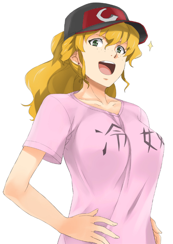 baseball_cap blonde_hair breasts earrings freckles green_eyes gundam hands_on_hips hat jack_hamster jewelry kay_nimrod large_breasts open_mouth sd_gundam_g-generation shirt solo sparkle t-shirt