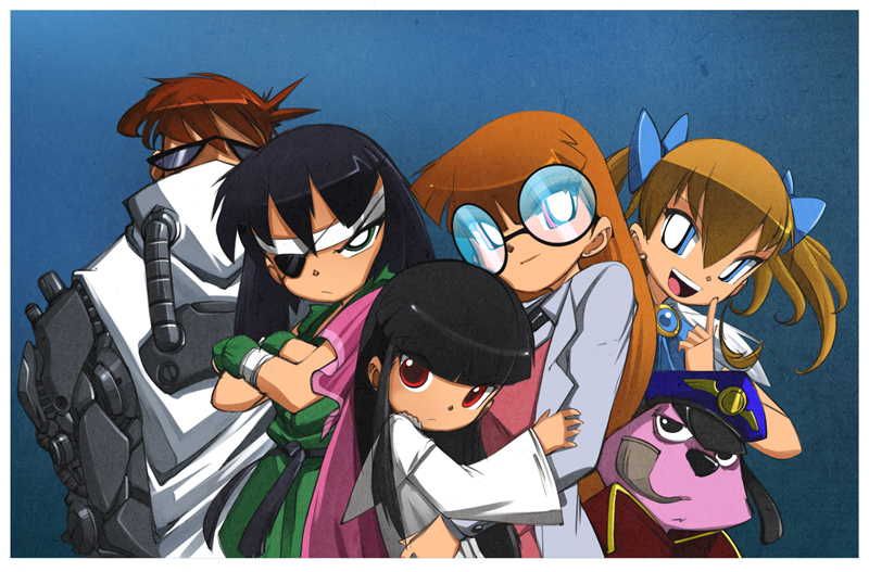 4girls :d bangs black_eyes black_hair bleedman blossom_(ppg) blue_background blue_eyes blunt_bangs bow bubbles_(ppg) buttercup_(ppg) cartoon_network commentary courage_(character) courage_the_cowardly_dog crossover dexter dexter's_laboratory dog english_commentary eyepatch glasses green_eyes grim_tales_from_down_below hair_bow hat headband labcoat long_hair looking_at_viewer mimi_(grim_tales) multiple_girls older open_mouth pink_eyes pipe powerpuff_girls powerpuff_girls_doujinshi red_eyes scowl short_twintails siblings sisters smile spoilers twintails