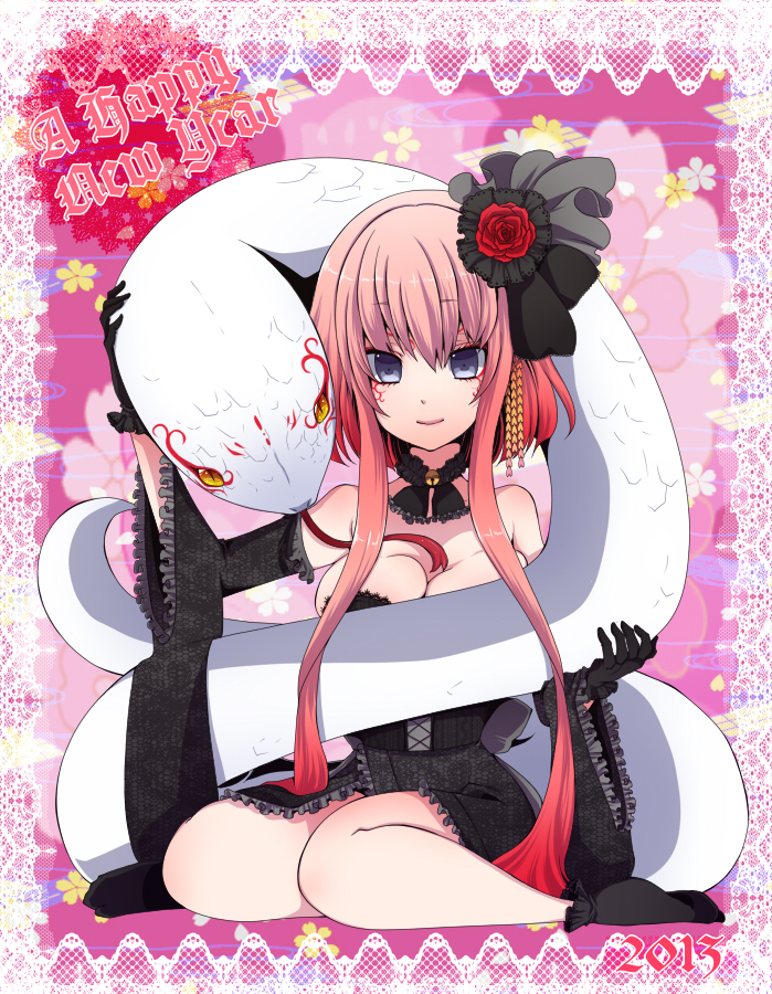 2013 bad_id bad_pixiv_id bell bell_collar black_gloves black_legwear breasts cleavage collar gawain_r_har_rose gloves happy_new_year lace_border large_breasts new_year original pink_hair snake solo utani_(punishment)