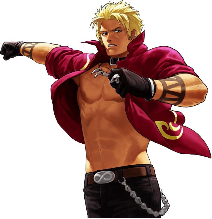 abs belt black_gloves blonde_hair collar ear_piercing gloves jewelry male_focus muscle necklace official_art ogura_eisuke open_clothes open_shirt pectorals piercing popped_collar shen_woo shirt solo tan tattoo the_king_of_fighters the_king_of_fighters_xii