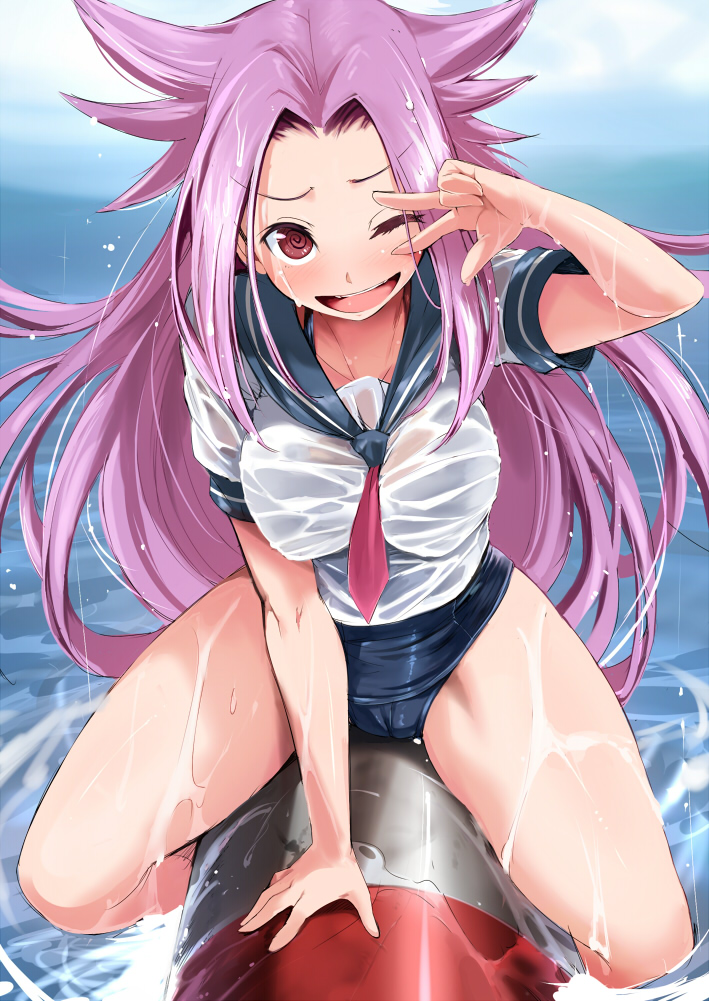 ;d ario blush breasts cosplay jun'you_(kantai_collection) kantai_collection large_breasts long_hair looking_at_viewer one-piece_swimsuit one_eye_closed open_mouth purple_eyes purple_hair school_swimsuit see-through smile solo swimsuit swimsuit_under_clothes v water wet