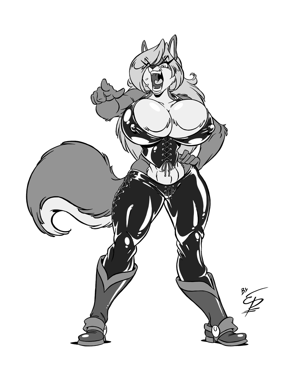 anthro big_breasts boots breasts canine cleavage clothed clothing corset dog eltonpot female greyscale hair hand_on_hip lace leather luka_cross mammal monochrome muscles muscular_female open_mouth pants plain_background pointing pose rubber screaming solo standing tongue