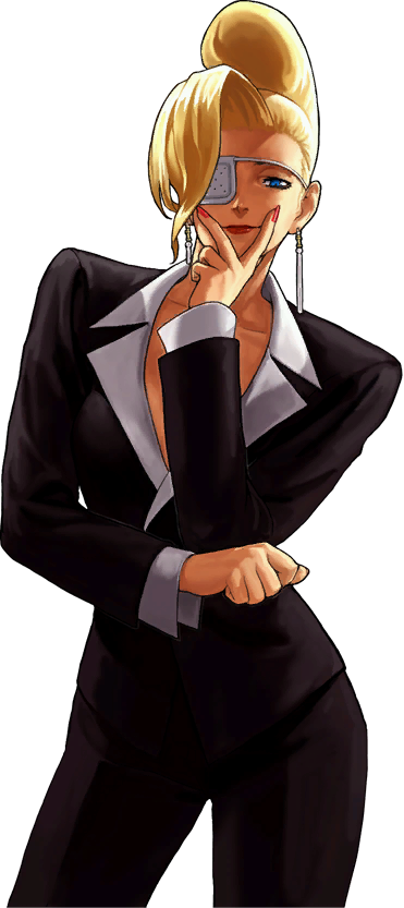 bangs blonde_hair blue_eyes contrapposto earrings eyepatch formal hair_over_one_eye hand_to_own_mouth jewelry lipstick makeup mature_(kof) official_art ogura_eisuke pant_suit pompadour short_hair shoulder_pads sleeveless solo standing suit the_king_of_fighters the_king_of_fighters_xii transparent_background