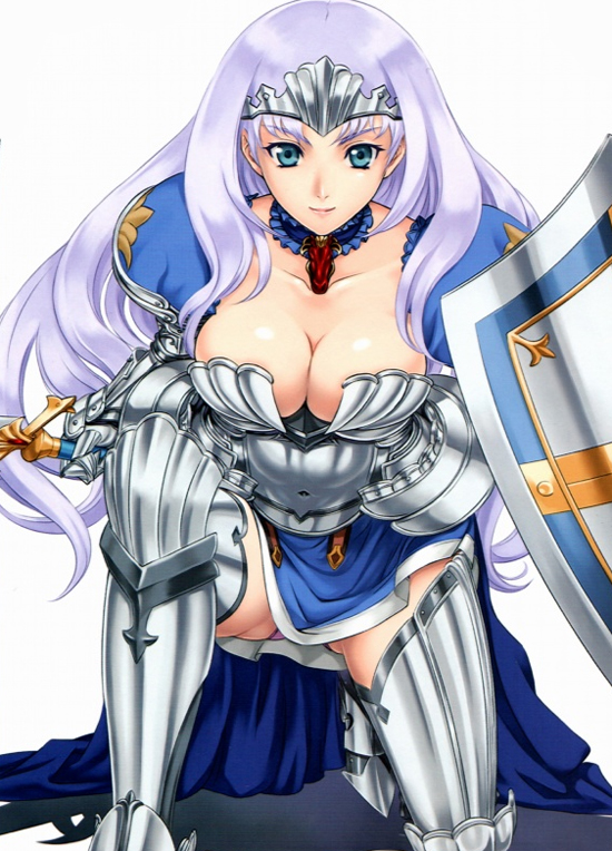 annelotte armor blue_eyes breastplate breasts butter-t choker cleavage gauntlets large_breasts long_hair looking_at_viewer one_knee panties pink_panties purple_hair queen's_blade queen's_blade_rebellion shield skirt solo sword thighhighs underwear weapon