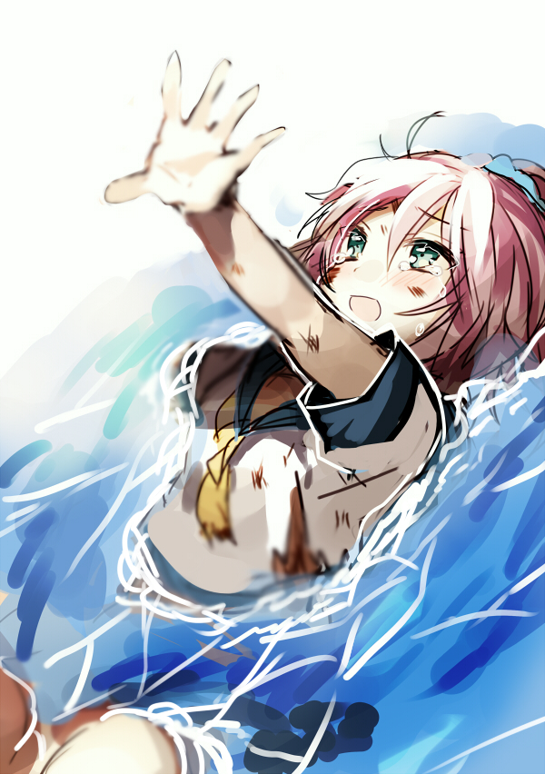 aoba_(kantai_collection) aqua_eyes blush hair_ribbon kantai_collection nochita_shin open_mouth partially_submerged pink_hair ribbon school_uniform serafuku sinking smile solo tears water