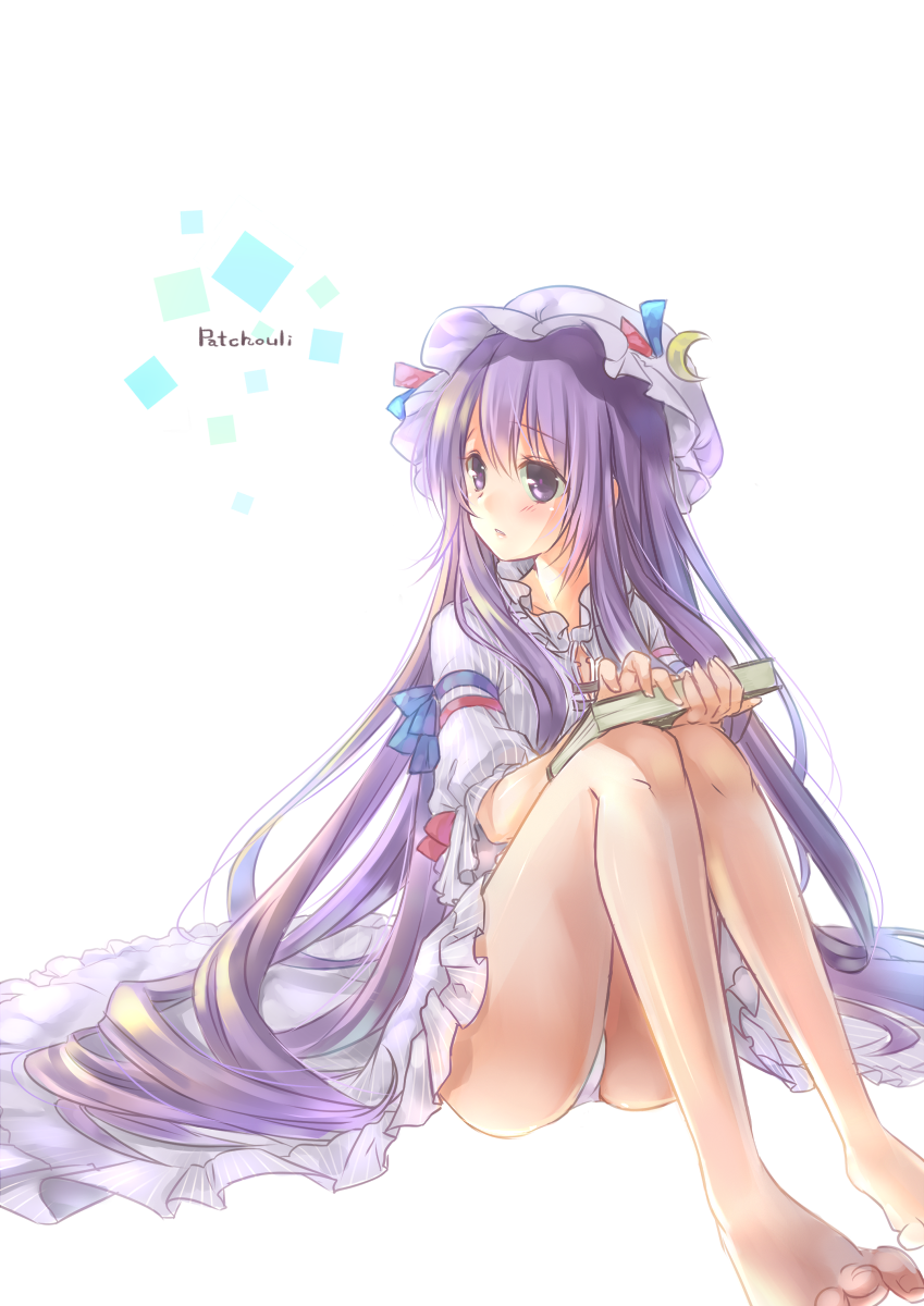 book character_name highres long_hair maryquant patchouli_knowledge purple_eyes purple_hair purple_skirt simple_background sitting skirt solo touhou