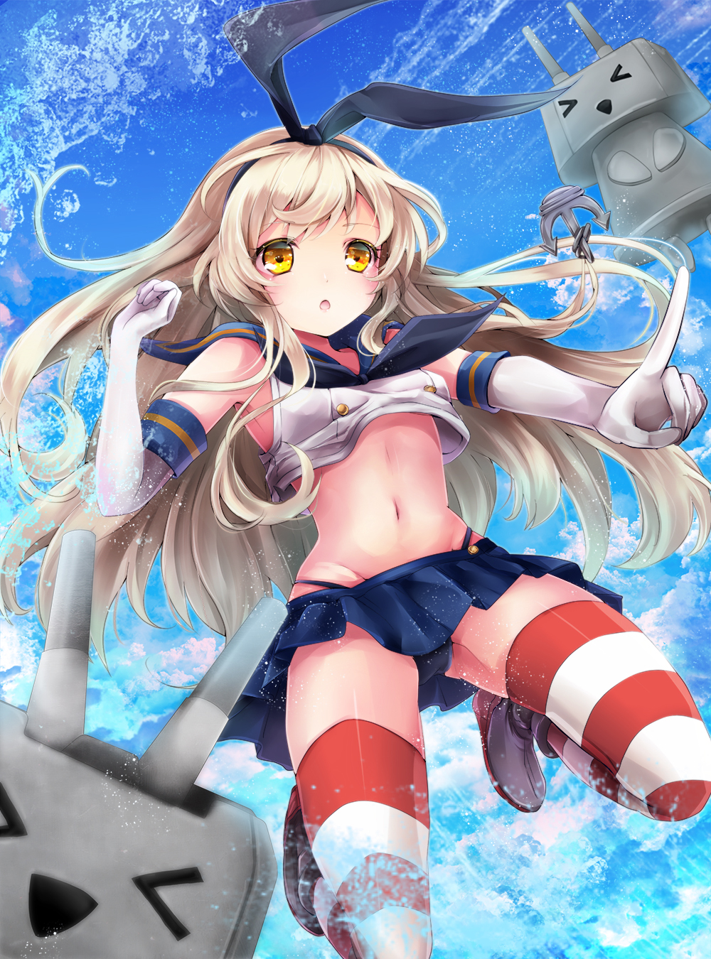 &gt;_&lt; anchor black_panties blonde_hair boots closed_eyes elbow_gloves gloves hairband highres kantai_collection long_hair navel open_mouth panties rensouhou-chan sailor_collar sakura_ran shimakaze_(kantai_collection) skirt striped striped_legwear thighhighs underwear water white_gloves