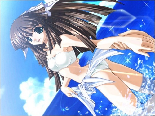 artist_request ass bandeau bikini blue_eyes bow brown_hair cloud day game_cg holding_hands lens_flare long_hair looking_at_viewer looking_back lowres ocean parted_lips randou_sayuri sakuranbo_kaigan sarong sky smile solo swimsuit water white_bikini white_bow