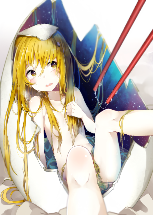 absurdly_long_hair bad_id bad_pixiv_id blonde_hair blush chopsticks crying egg flat_chest hair_censor hatching itamidome long_hair nude open_mouth original tears very_long_hair water wavy_mouth yellow_eyes