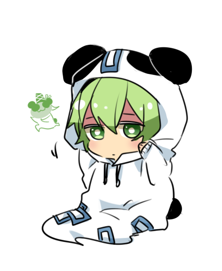 chibi green_eyes green_hair hood hoodie panda panda_hat short_hair six_(fnrptal1010) soga_no_tojiko solo_focus touhou