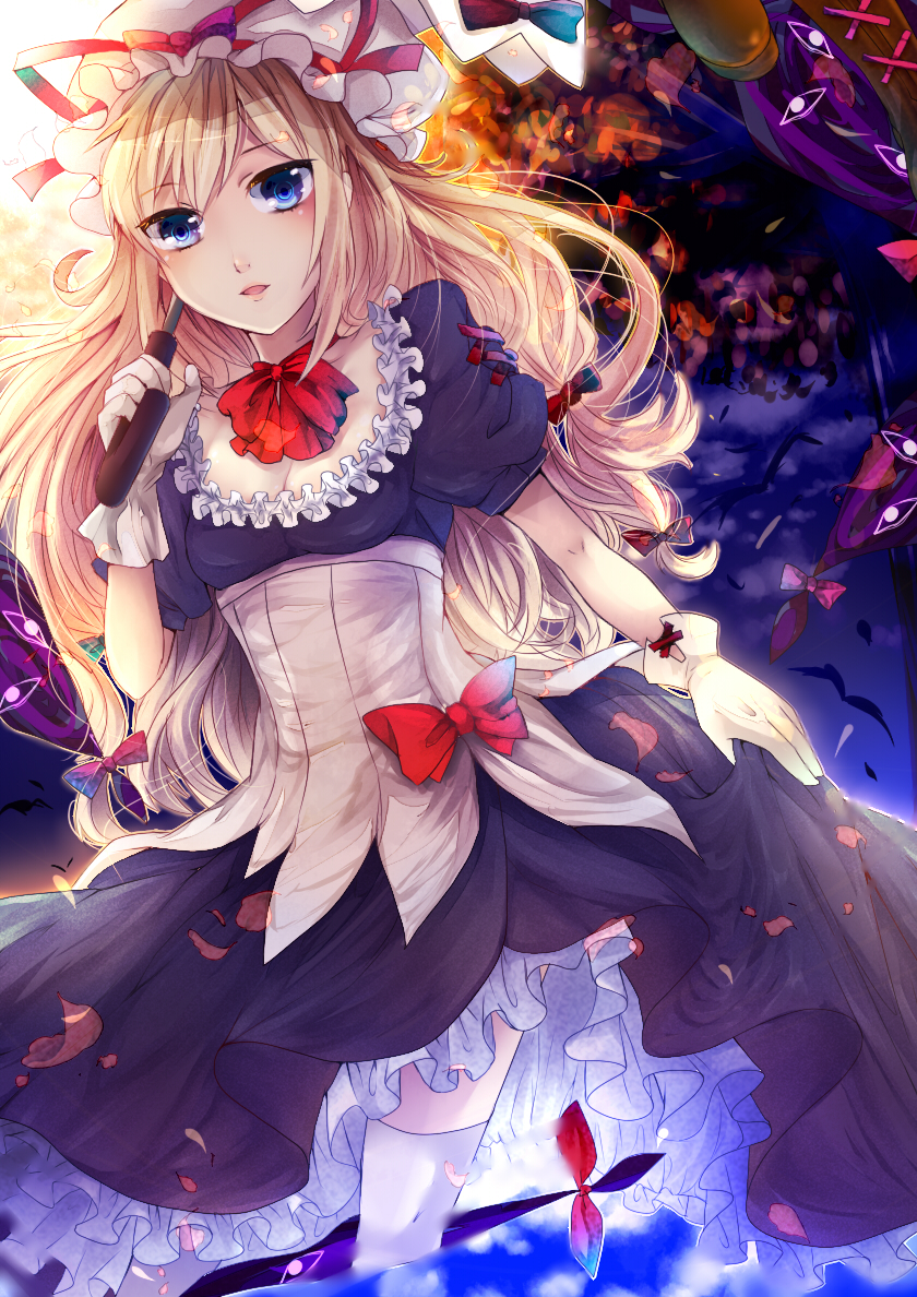 bad_id bad_pixiv_id blonde_hair blue_eyes bodice bow breasts cleavage daimaou_ruaeru dress frills gap gloves hair_bow hat hat_ribbon long_hair looking_at_viewer medium_breasts mob_cap multicolored multicolored_background neck_ribbon parted_lips puffy_short_sleeves puffy_sleeves ribbon short_sleeves skirt_hold solo thighhighs touhou umbrella very_long_hair white_gloves yakumo_yukari