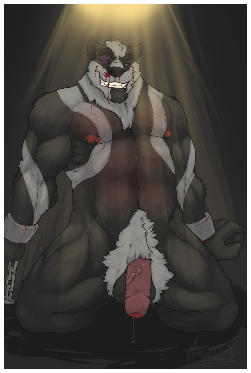 abs amwulf badger balls biceps black_eye black_nose blood bound chain grin kneeling looking_at_viewer male mammal muscles mustelid nipples pecs penis precum pubes scar shackles smile solo uncut wounded